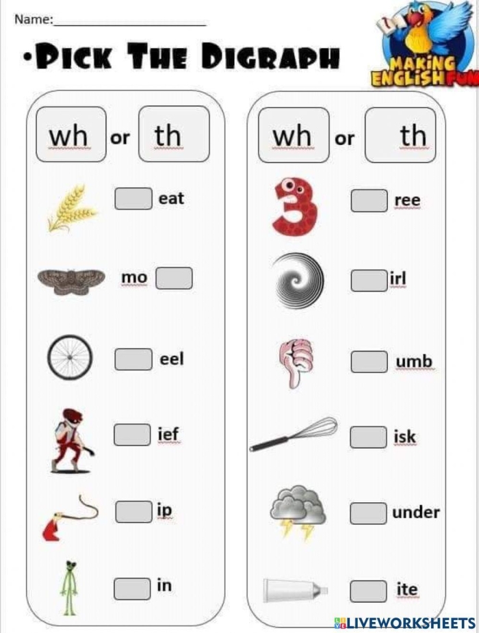 Worksheet featuring first graders practicing digraphs Wh, Sh, Ch, and Th