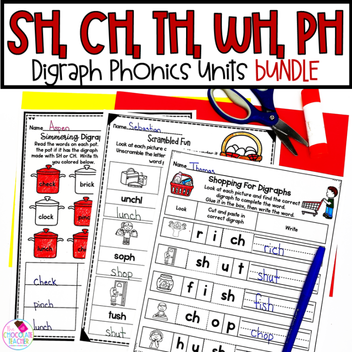 Worksheet featuring first graders practicing digraphs Wh, Sh, Ch, and Th