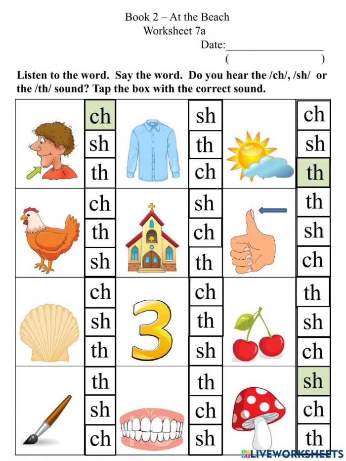 Worksheet for first graders focusing on digraphs Wh, Sh, Ch, and Th with word identification activities
