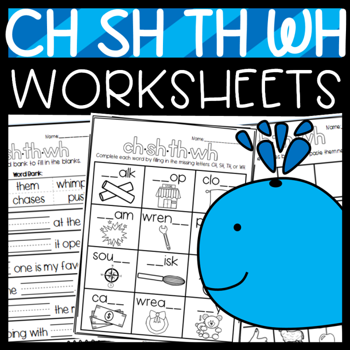 Worksheet for practicing digraphs Wh, Sh, Ch, and Th in first grade phonics