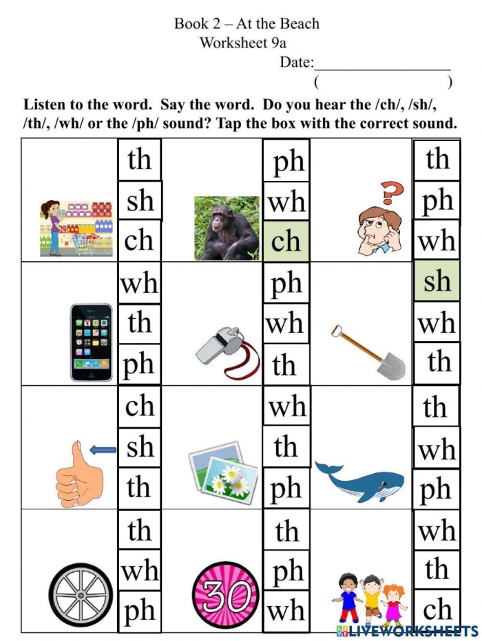 First grade phonics worksheet focusing on identifying and grouping words with digraphs wh, sh, ch, and th