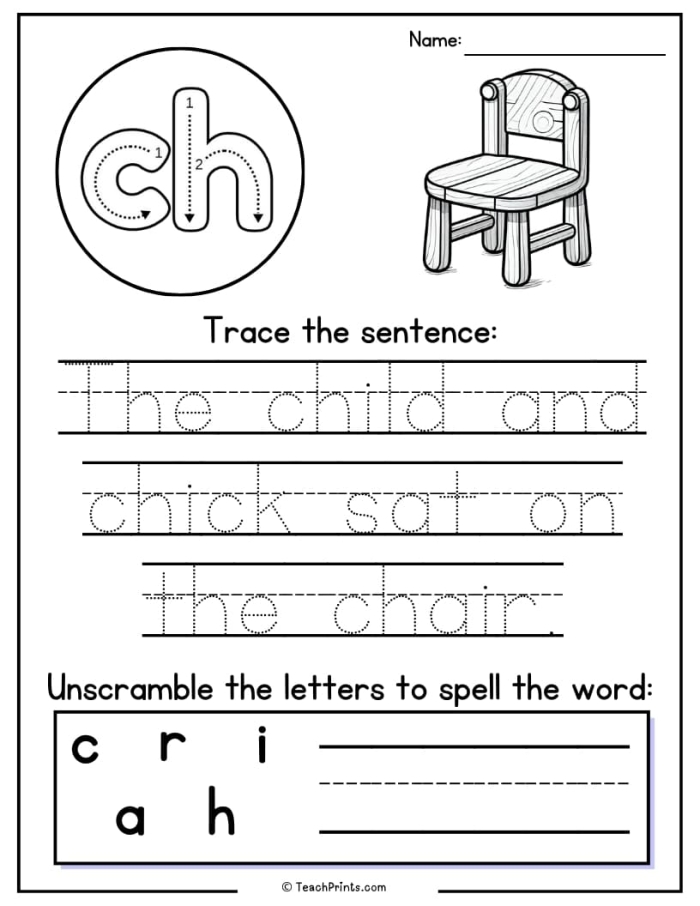 Grammar and Mechanics worksheet for First Grade Worksheet focusing on -th and -tch words for first graders to complete sentences. Educational resource for teaching digraphs in grammar and mechanics.
