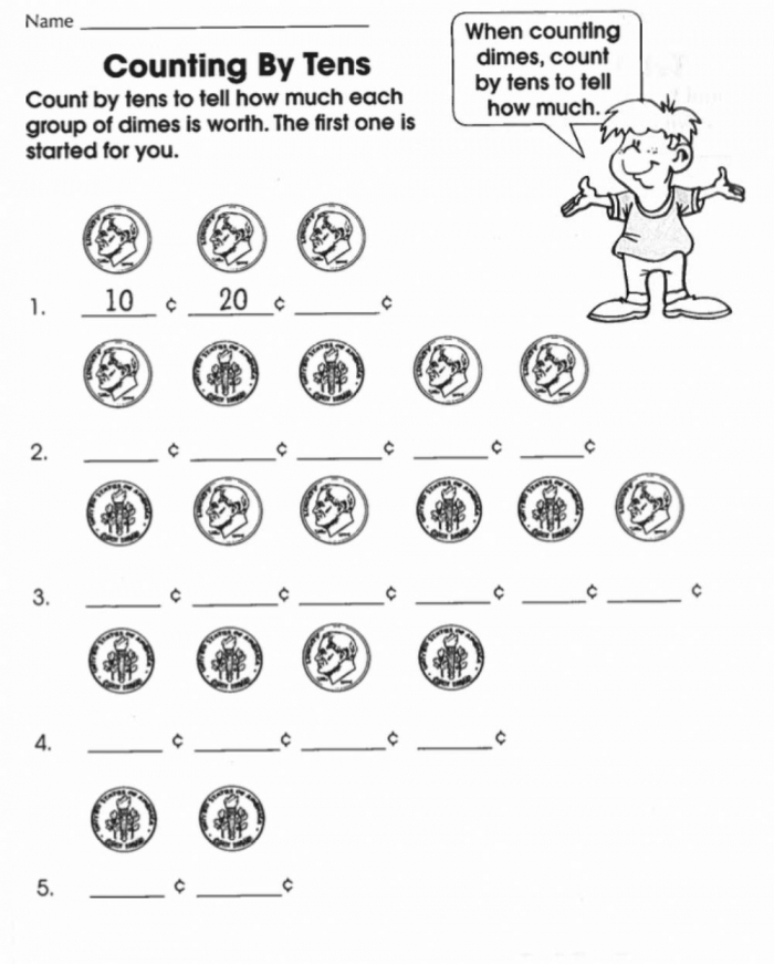 Worksheet for first graders on counting dimes by tens