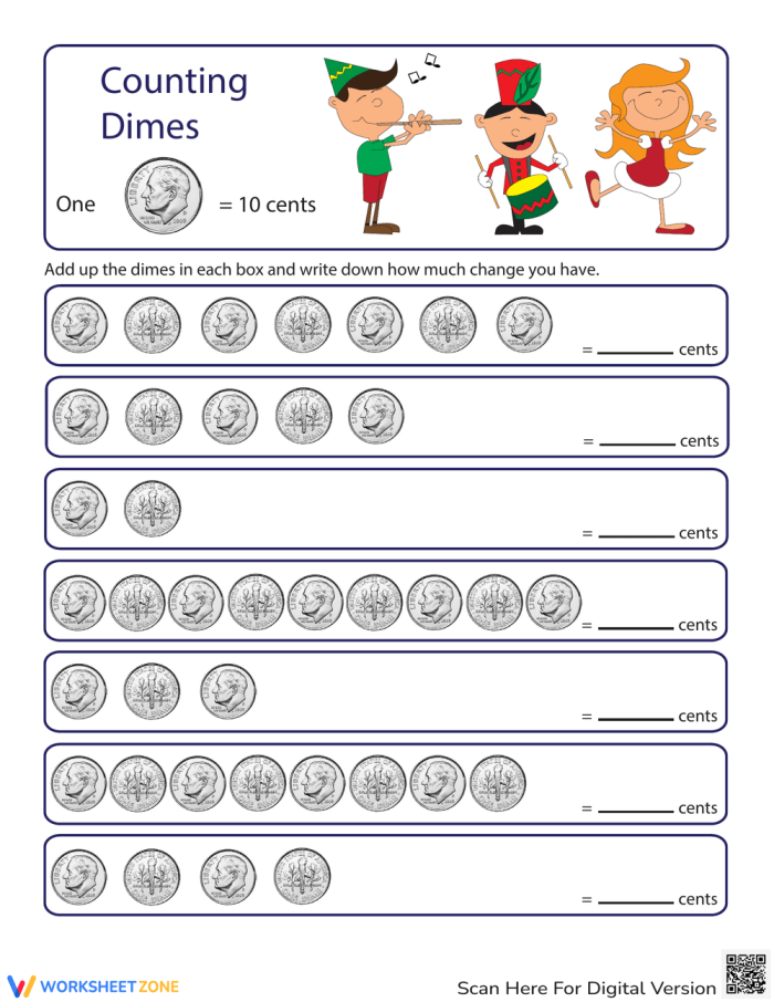 Worksheet for teaching first graders to count by tens using dimes