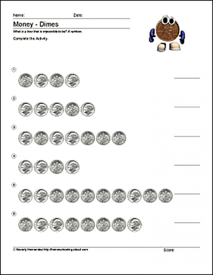 First grade worksheet for counting by tens using dimes