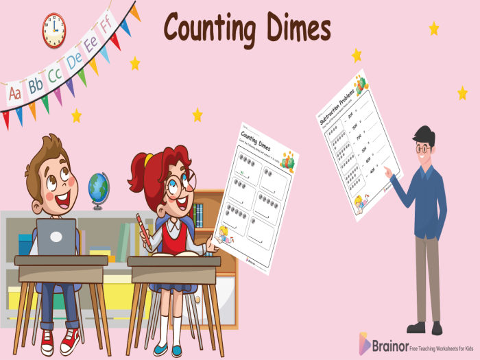 Worksheet for first graders learning to count by tens using dimes