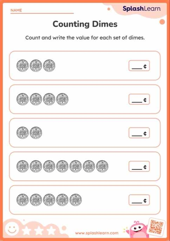 First grade math worksheet featuring coins to practice counting by tens using dimes