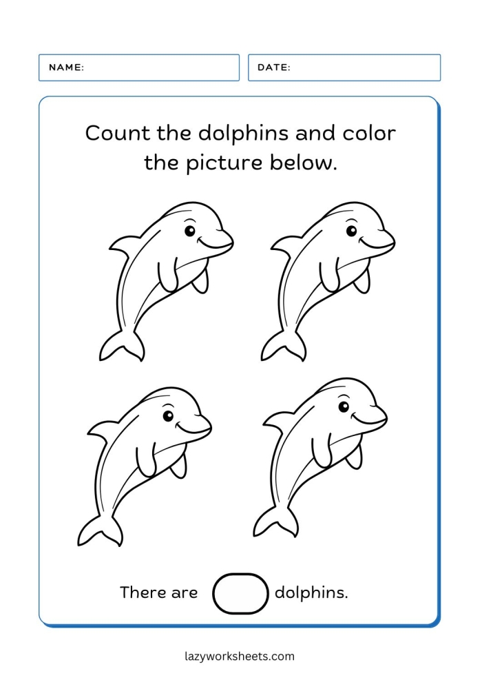 Dolphin coloring page worksheet designed for first graders to enjoy and learn. Fun dolphin illustration for a creative coloring activity.