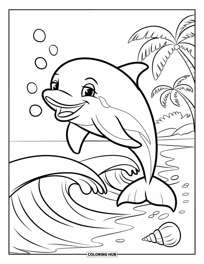 Dolphin coloring page worksheet designed for first graders to enjoy
