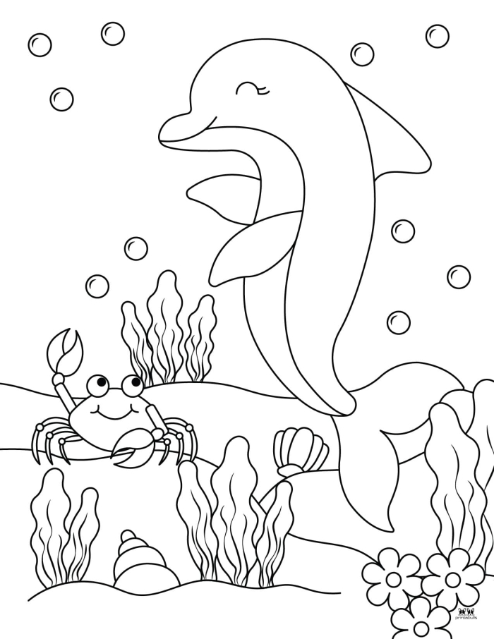 Dolphin coloring page worksheet for first graders to enjoy