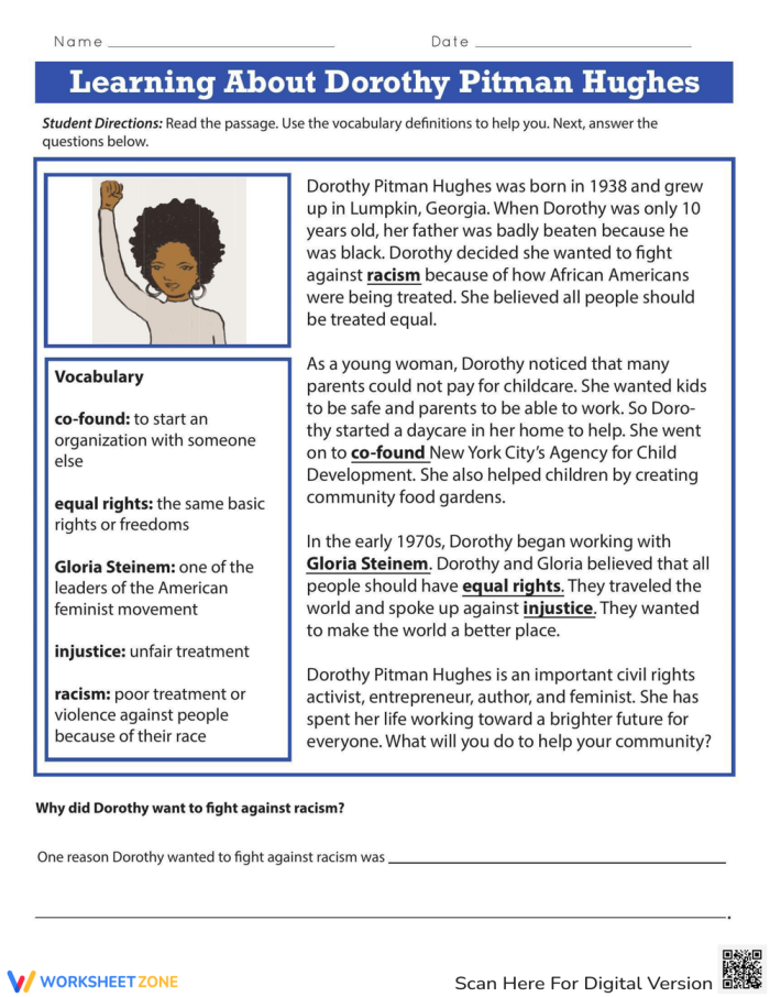 First grade worksheet featuring a biography and portrait illustration of civil rights leader Dorothy Pitman Hughes