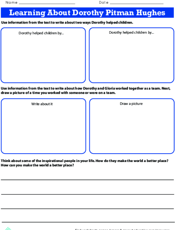 ALT text: Educational worksheet introducing first graders to Dorothy Pitman Hughes, a notable human rights activist.