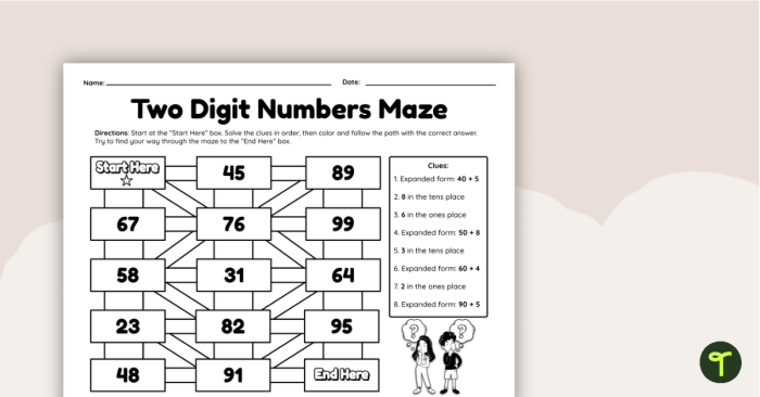First grade expanded form worksheet for double digits focusing on place value. Engaging activity to help children understand tens and ones.