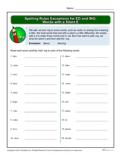 Drop the E and Add ing Spelling Practice Worksheet 20 First grade spelling worksheet teaching students how to drop the silent E and add ing