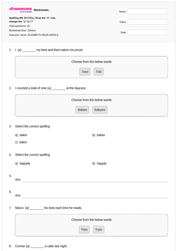 First Grade Drop the E, Add -ing Spelling Worksheet Worksheet for practicing the drop the E rule when adding -ing to words