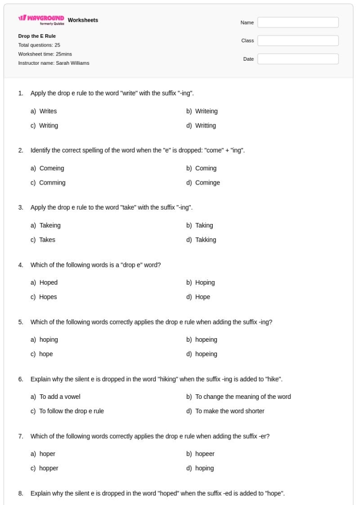 Drop the E, Add -ing worksheet for measurement skills in first grade First grade worksheet for practicing dropping the silent E while adding -ing