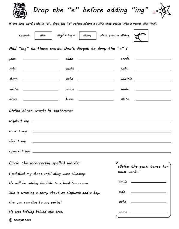 First Grade spelling activity: Drop the E, Add -ing worksheet Worksheet for practicing dropping the silent E when adding -ing