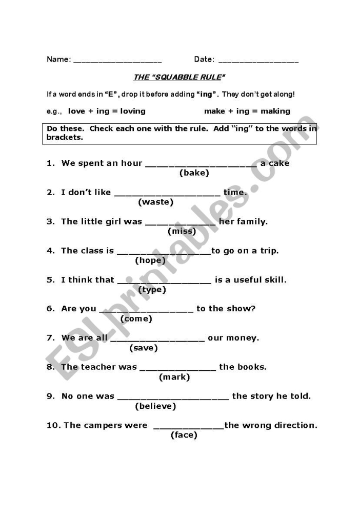 Drop the silent E and add ing spelling exercise for first grade students First grade students practicing spelling by dropping the silent E and adding ing on a worksheet