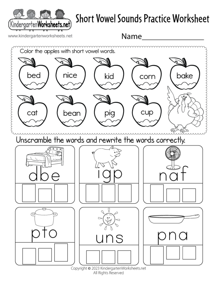 Short vowel sounds worksheet focusing on the letter E for first graders