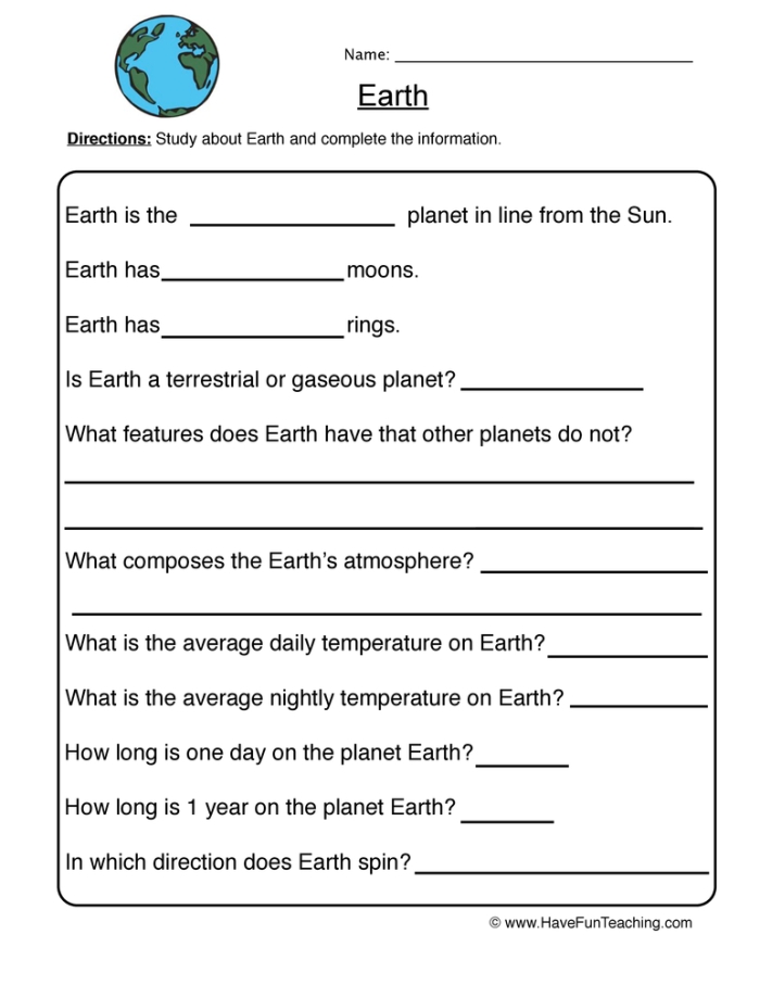 First grade science worksheet showing the four layers of planet Earth with labels and simple diagrams for learning about Earth's structure