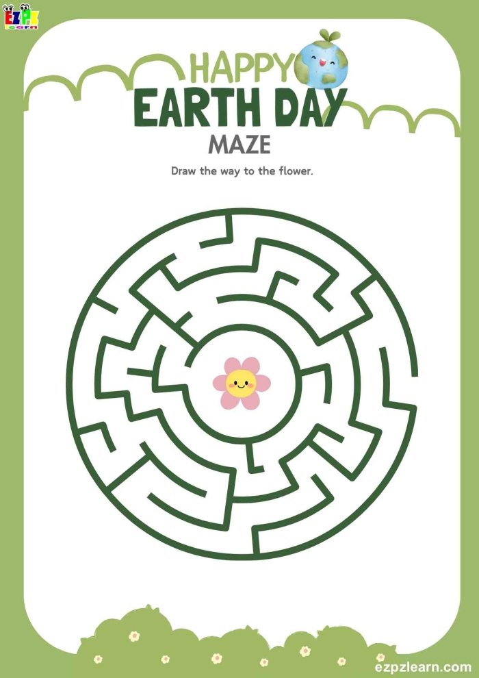 Colorful Earth maze worksheet designed for first graders to explore our planet. Engaging Earth Day activity featuring a globe design for young learners.