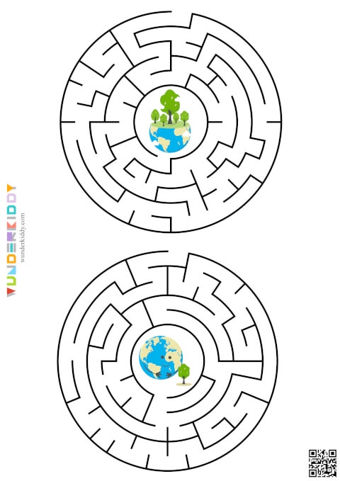 Earth Maze worksheet designed for first graders featuring a globe illustration, ideal for Earth Day learning activities. Engaging Earth maze to inspire young learners about our planet.