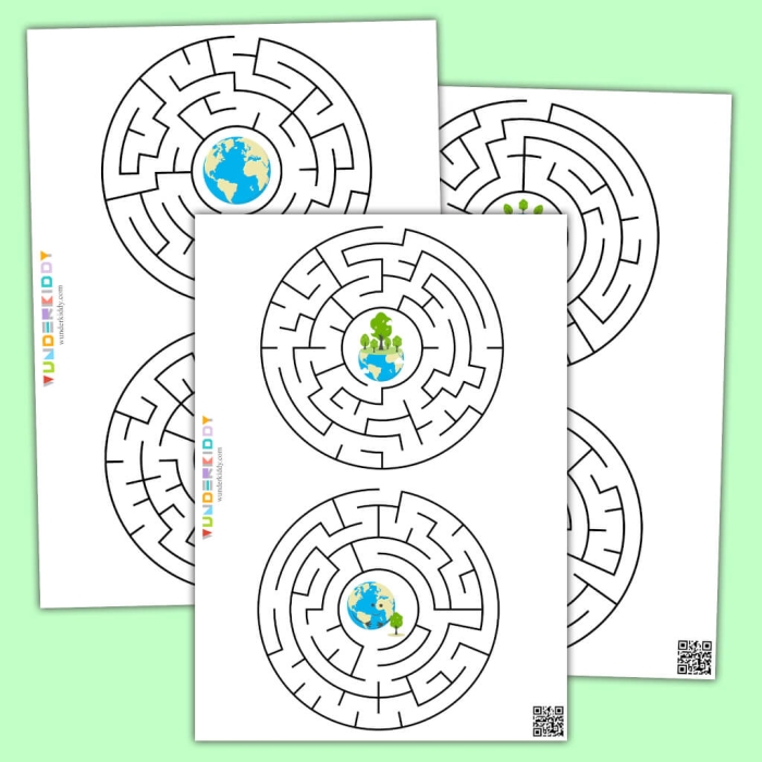 Earth maze worksheet with a colorful globe design for first graders