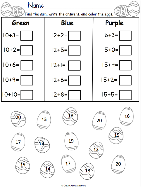 Colorful Easter eggs with simple addition problems scattered throughout a yard for first grade math practice