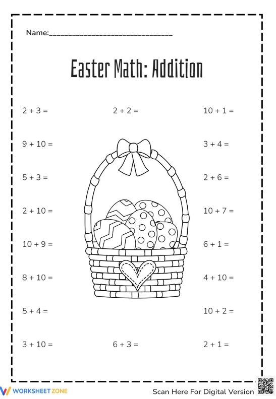 Colorful Easter eggs with simple addition problems scattered throughout a yard for first grade math practice