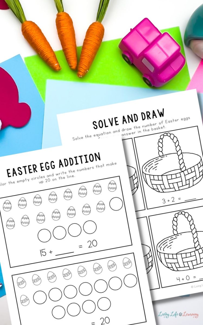 Colorful Easter eggs with simple addition problems scattered throughout a yard for first grade math practice