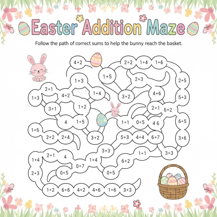 Colorful Easter eggs with simple addition problems scattered throughout a yard for first grade math practice
