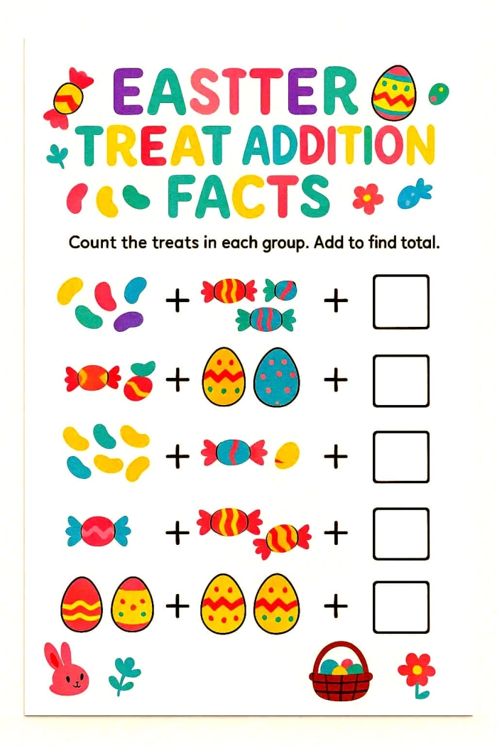 First grade student solving Easter addition problems on colorful egg worksheets in a grassy yard