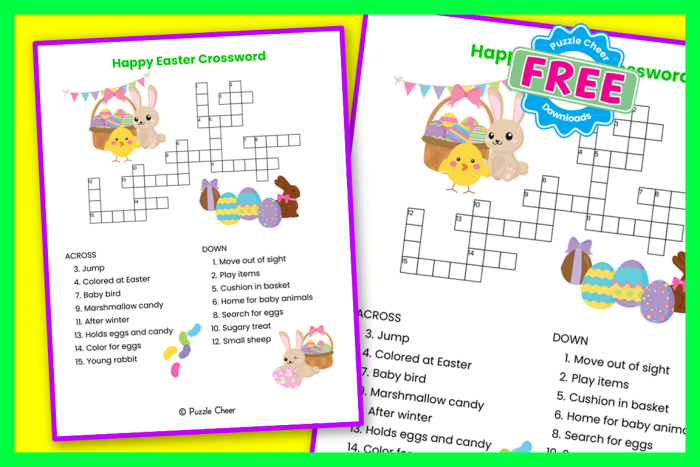 First grade student completing a colorful Easter-themed crossword puzzle with spring-related words and handwriting practice