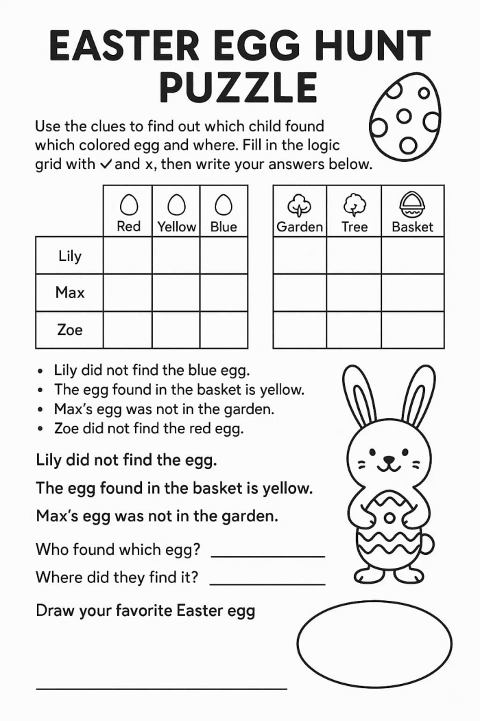 Engaging Easter game activity to enjoy with your child during holiday preparations Colorful worksheet for the Easter Egg Hunt Game designed for first graders