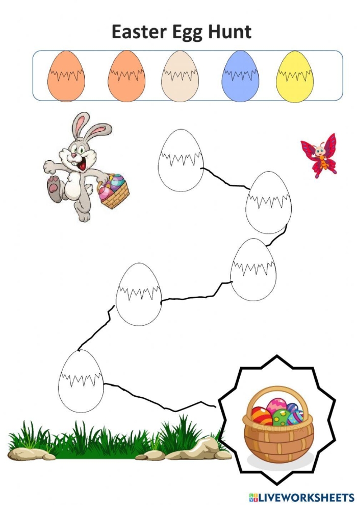 A first grade student identifying hidden patterns on an Easter themed Egg Hunt worksheet featuring a confused bunny.
