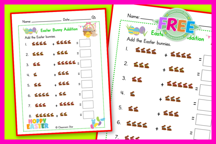 First grade Easter addition worksheet featuring colorful eggs hidden in a garden setting for math practice