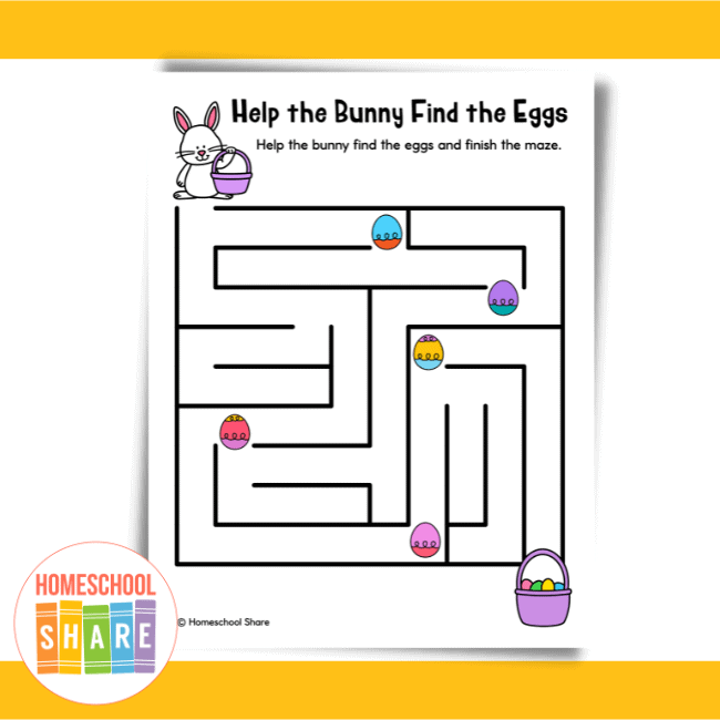 A young child navigating a colorful Easter egg maze with spring flowers and bunny illustrations for first grade geography practice