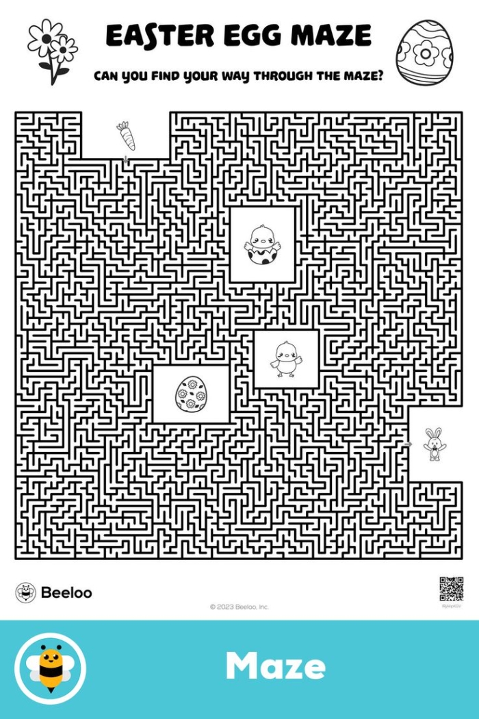 A young child navigates a colorful Easter egg maze with winding paths leading to a basket at the end