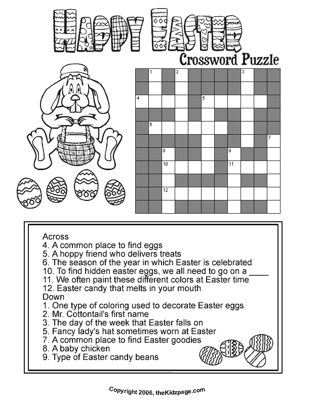 Colorful Easter crossword puzzle with simple words for first grade students to practice handwriting and spelling skills