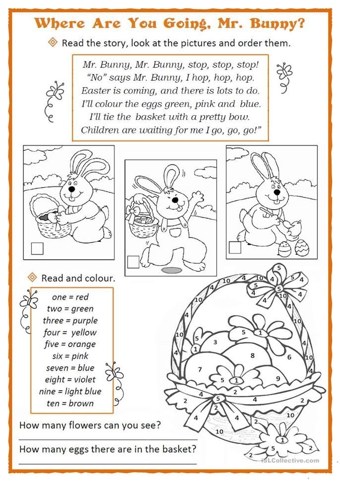 First grade student completing an Easter Bunny story fill-in activity sheet