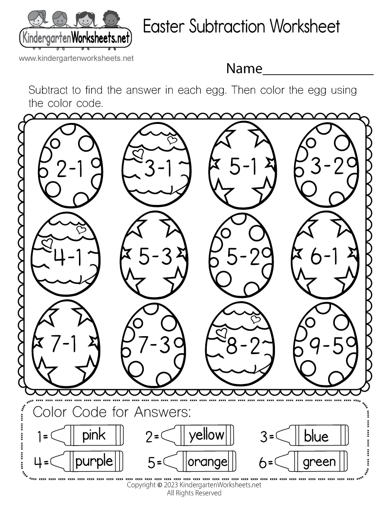 Easter Subtraction Worksheet 14 First Grade Math Activity First grade Easter subtraction worksheet featuring colorful decorated eggs in a grassy yard for math practice