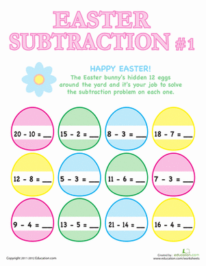 Mixed Operations worksheet for First Grade Colorful Easter eggs hidden in a yard with subtraction problems for first graders. Fun Easter Subtraction worksheet for early math learners.