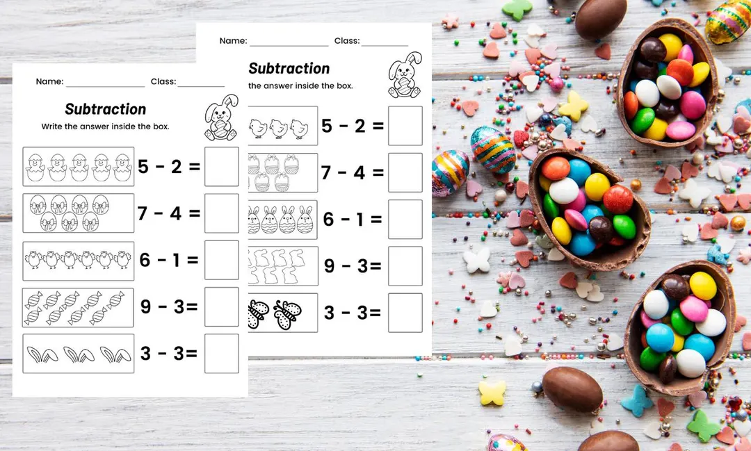 Easter Subtraction Worksheet 6 Mixed Operations Math Practice First grade student worksheet featuring the Easter bunny and colorful egg subtraction problems