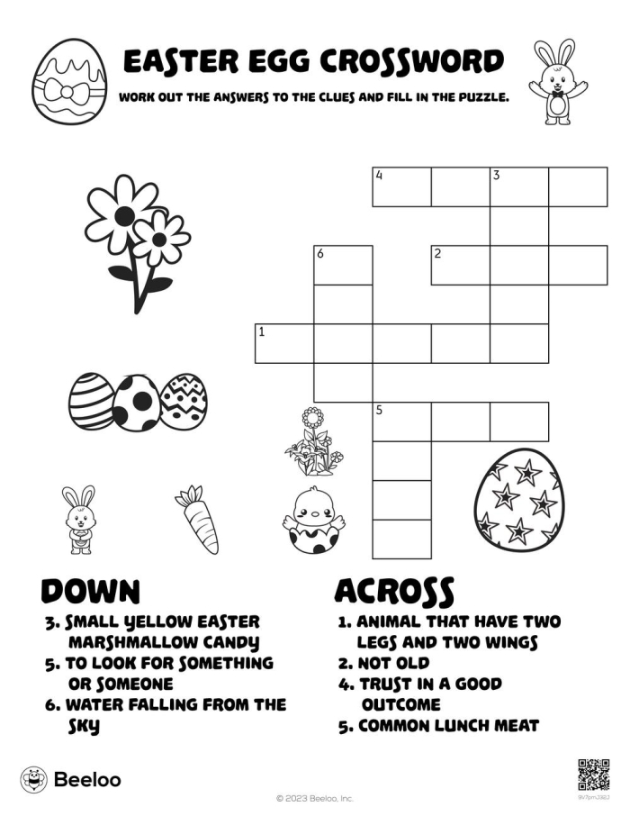 Colorful Easter-themed crossword puzzle with spring images and simple words for first graders to complete