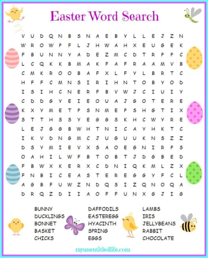 First grade Easter word search worksheet for vocabulary and spelling practice