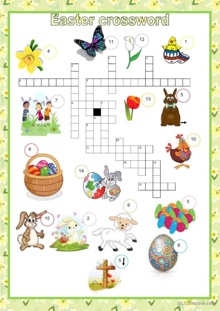 Colorful Easter crossword puzzle with spring-themed words for first grade students to solve and practice handwriting