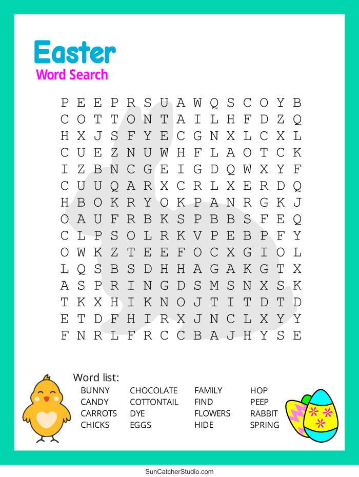 First grade Easter word search puzzle worksheet for kids
