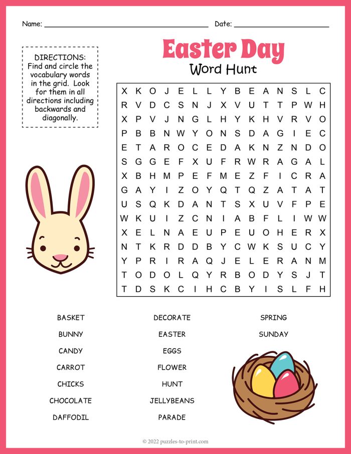 First grade student working on an Easter word search puzzle worksheet for vocabulary practice