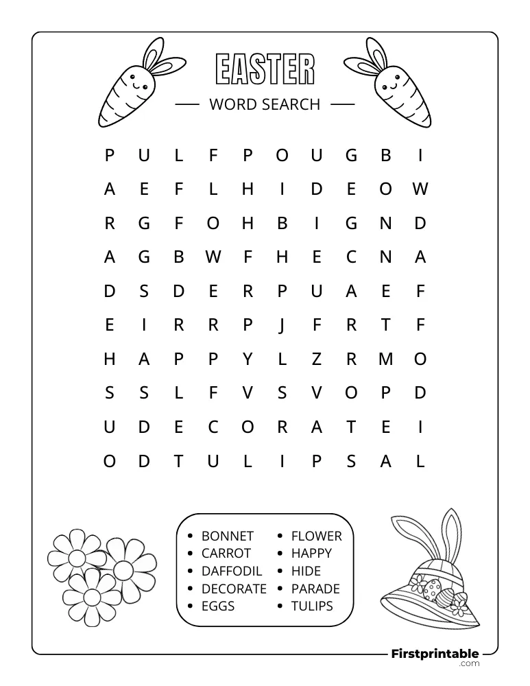 Easter Word Search Puzzle worksheet designed for first graders to enhance vocabulary and spelling skills