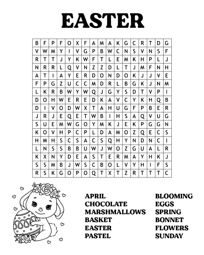 Easter word search puzzle worksheet for first grade students featuring festive vocabulary